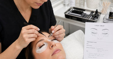 Lash artist applying extensions to client with uneven lash growth using magnifying light and professional tools