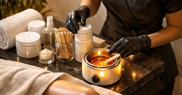 Close-up of a professional esthetician's hands preparing warm hard wax with a spatula for a Brazilian wax service, with clean towels and waxing supplies in the background.