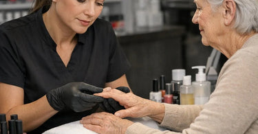 A gentle, adaptive manicure technique for a client with arthritis using supportive pillows and ergonomic tools.