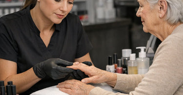 A gentle, adaptive manicure technique for a client with arthritis using supportive pillows and ergonomic tools.