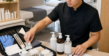 A professional beauty supply kit organized on a spa table with a mannequin head, products, and tools for continuing education.