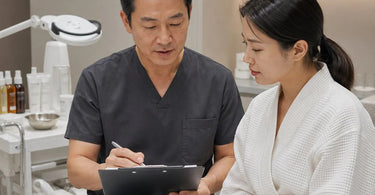 Close-up of a professional esthetician reviewing a completed client intake form on a digital tablet while a client relaxes in the background.