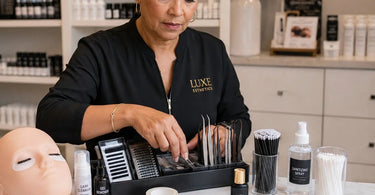 A professional lash practice kit setup displayed on a white countertop, featuring a mannequin head, various lash tweezers, adhesive, and under-eye pads, ideal for training and mastering lash extension techniques.