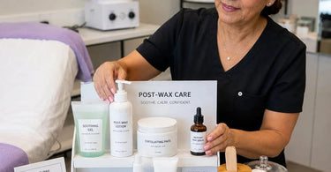 A beautifully designed post-wax retail display with products arranged on tiered shelving featuring calming colors and informative signage.