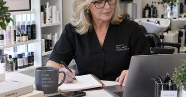 Spa professional organizing a vendor order calendar with beauty supplies and scheduling tools