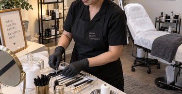 A professional brow bar setup in a small treatment room featuring a treatment bed, rolling cart with supplies, and adjustable lighting.