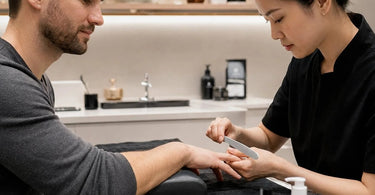 A professional manicurist providing a relaxing and professional men's manicure service in a modern salon setting, showcasing proper technique and client comfort.