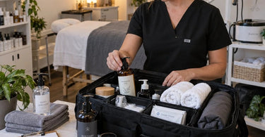 Mobile massage supply kit with portable massage table, massage oils, linens, and hot stone warmer set arranged for on-the-go therapists