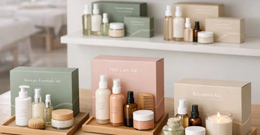 A collection of beauty and wellness retail products arranged for a starter kit, including skincare, hair care, and relaxation items, with text overlay reading How to Build a Retail Starter Kit for New Clients.