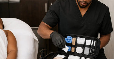 A beautifully organized small emergency kit for beauty service mishaps, containing essential supplies like gloves, wipes, and cotton products for a professional spa or salon.