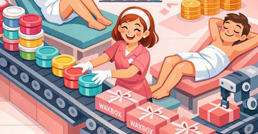 A curated wax aftercare subscription box with products like sugar scrub and ingrown hair serum on a spa table with soft linens and towels, promoting recurring revenue for studios.