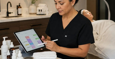 A happy massage therapist smiling while looking at a clock, symbolizing stress-free scheduling and effective buffer time management in a spa setting.