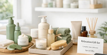 A beautifully arranged spa retail bundle featuring skincare products, a candle, a towel, and botanicals on a tray