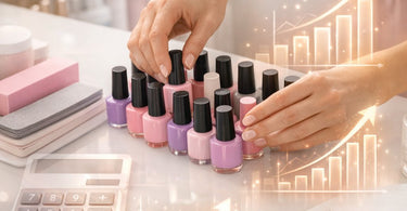 A nail technician's hands meticulously calculating costs on a tablet, with professional nail supplies like gel polishes and art tools neatly organized in the background.