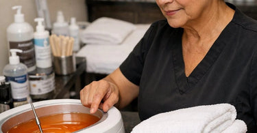 Technician calibrating a professional digital paraffin bath using a thermometer to ensure perfect temperature for spa treatments.