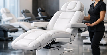 A professional esthetician adjusting a modern, luxurious facial bed in a bright, clean spa treatment room, highlighting the bed's versatility and comfort for various services.
