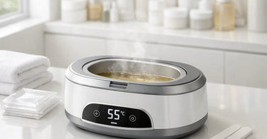 A modern paraffin wax station on a salon counter with accessories, illustrating workflow efficiency for spa professionals.