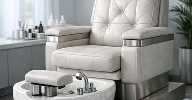 A modern, luxurious pedicure throne in a bright, stylish nail salon, featuring a plush beige seat and a sleek portable pedicure bowl, embodying the ultimate client comfort.