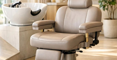 A modern, stylish shampoo chair in a bright salon, designed for client comfort and accessibility for those with limited mobility.