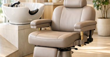 A modern, stylish shampoo chair in a bright salon, designed for client comfort and accessibility for those with limited mobility.