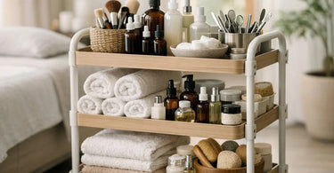 A stylish and organized white spa trolley fully stocked with various professional beauty products including wax, lotions, and tools, set against a clean background.