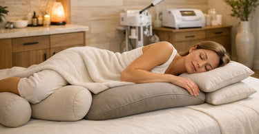 An assortment of professional massage bolsters and pillows in different shapes and sizes, including cylindrical, crescent, and wedge styles, neatly arranged on a massage table for optimal client support.