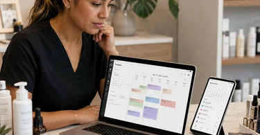 Woman looking at scheduling software on tablet in a spa setting with massage table and towels