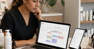 Woman looking at scheduling software on tablet in a spa setting with massage table and towels