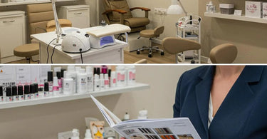 Nail salon equipment neatly arranged, showcasing high-quality tools and furniture essential for professional services.