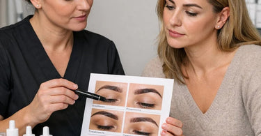A professional aesthetician carefully applying corrective brow tint with a precision brush to achieve perfect symmetry without causing skin irritation.