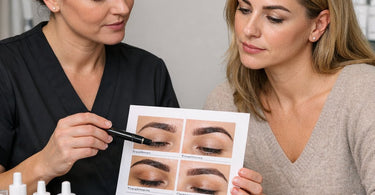 A professional aesthetician carefully applying corrective brow tint with a precision brush to achieve perfect symmetry without causing skin irritation.