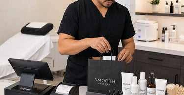 A well-organized and stylish checkout supply station at a modern spa reception desk featuring retail products and essential supplies.