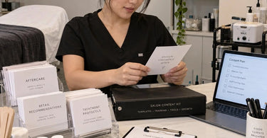 Salon staff reviewing a professional content kit with branded materials and spa supplies