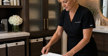 Organized and stylish linen display featuring neatly folded towels and sheets in protective baskets, with labeled shelves and a clean, professional spa environment.