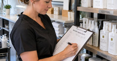 Professional organizing and counting monthly supplies for a salon or spa backbar, with organized shelves of waxing products, massage oils, and nail supplies.