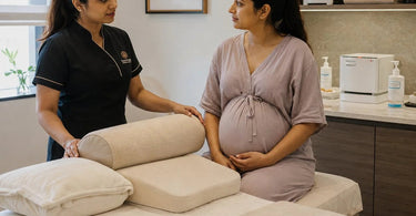 A serene spa treatment room set up for a prenatal massage with a portable massage table, bolsters, and soft ambient lighting.