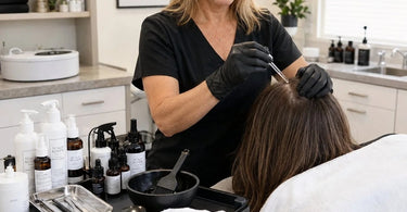 A professional scalp treatment setup featuring various products and tools for a spa or salon service