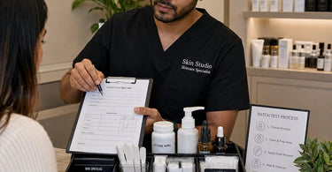 Organized patch test supplies on a clean white surface representing a better system for patch-test supplies in a salon or spa