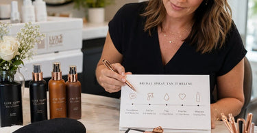 Bridal spray tan timeline infographic featuring key stages: Consultation, Trial Tan, Skin Preparation, Final Tan, and Aftercare for a flawless wedding glow.