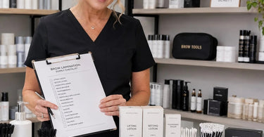 A comprehensive brow lamination supply checklist displayed next to professional brow lamination products, including lifting lotions, setting lotions, serums, brushes, and tools, for flawless salon-quality results.