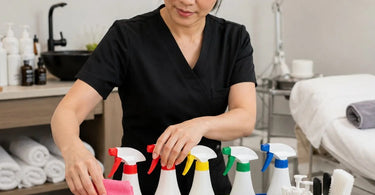 Color-coded cleaning supplies including microfiber cloths, spray bottles, and mop heads organized by task on a spa counter.