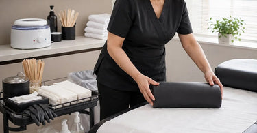 A professional esthetician performing a comfortable men's back waxing service in a spa setting, showcasing professional technique and proper setup for male waxing.