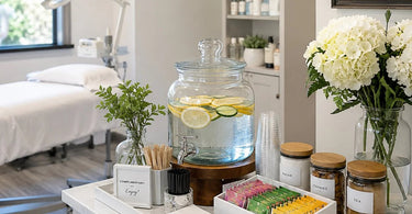 A stunning and professional spa beverage station setup featuring glass dispensers with infused water, ceramic mugs, and elegant decor on a marble countertop.