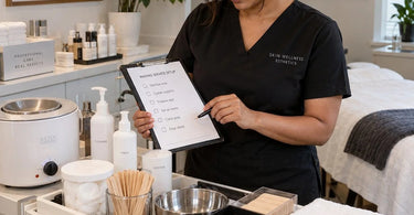 Spa professional creating a one-page setup guide for treatment services with organized supplies and equipment