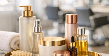 A stylish retail tray on a salon stylist station featuring skincare, nail care, and waxing products for sale.
