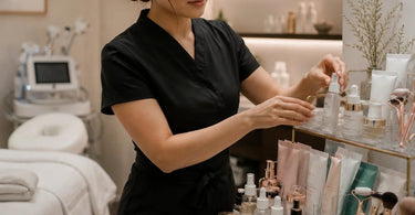 An upscale and stylish impulse-buy display area at a spa or salon checkout counter featuring curated retail products.