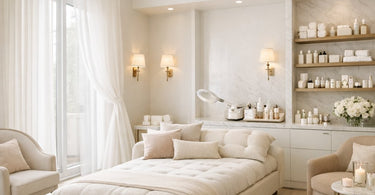 Beautifully designed bridal suite that doubles as a professional spa treatment room featuring a massage table, facial steamer, and elegant decor.