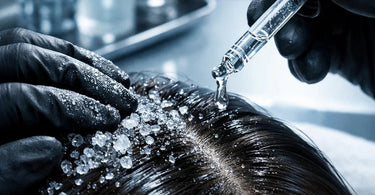 A professional spa treatment showing a close-up of hands gently massaging a soothing serum onto a client's healthy scalp after exfoliation.