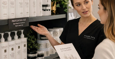 A professional retail display featuring professional-size skincare and massage products, showcasing clear organization and signage in a spa setting to avoid confusing retail clients.