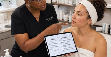 Split screen illustration comparing post-facial skin purging vs allergic reaction with descriptive icons
